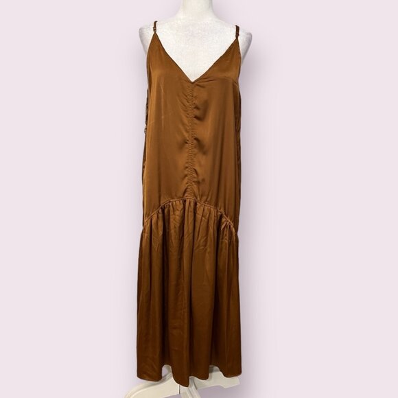Wishlist Apparel Women's Maxi Brown Satin Look Drop Waist Spaghtti Straps Boho L - Picture 2 of 12